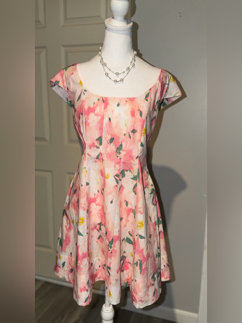 A New Day. Pink Floral Midi Dress with Green & Yellow Accents. NWT 8